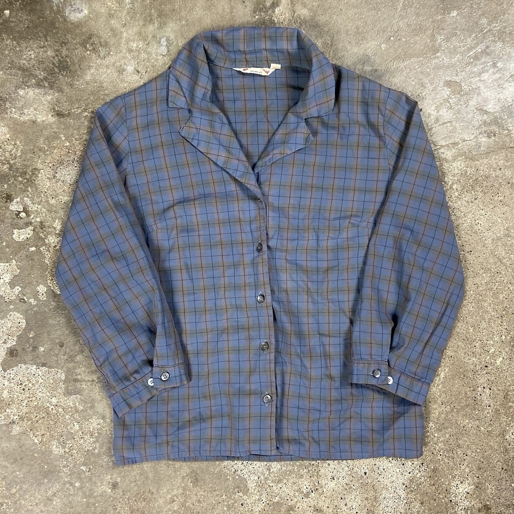 Vintage 50s Camp Collar Button‎ Down Shirt Women's Size 10-32 Blue Tartan Plaid